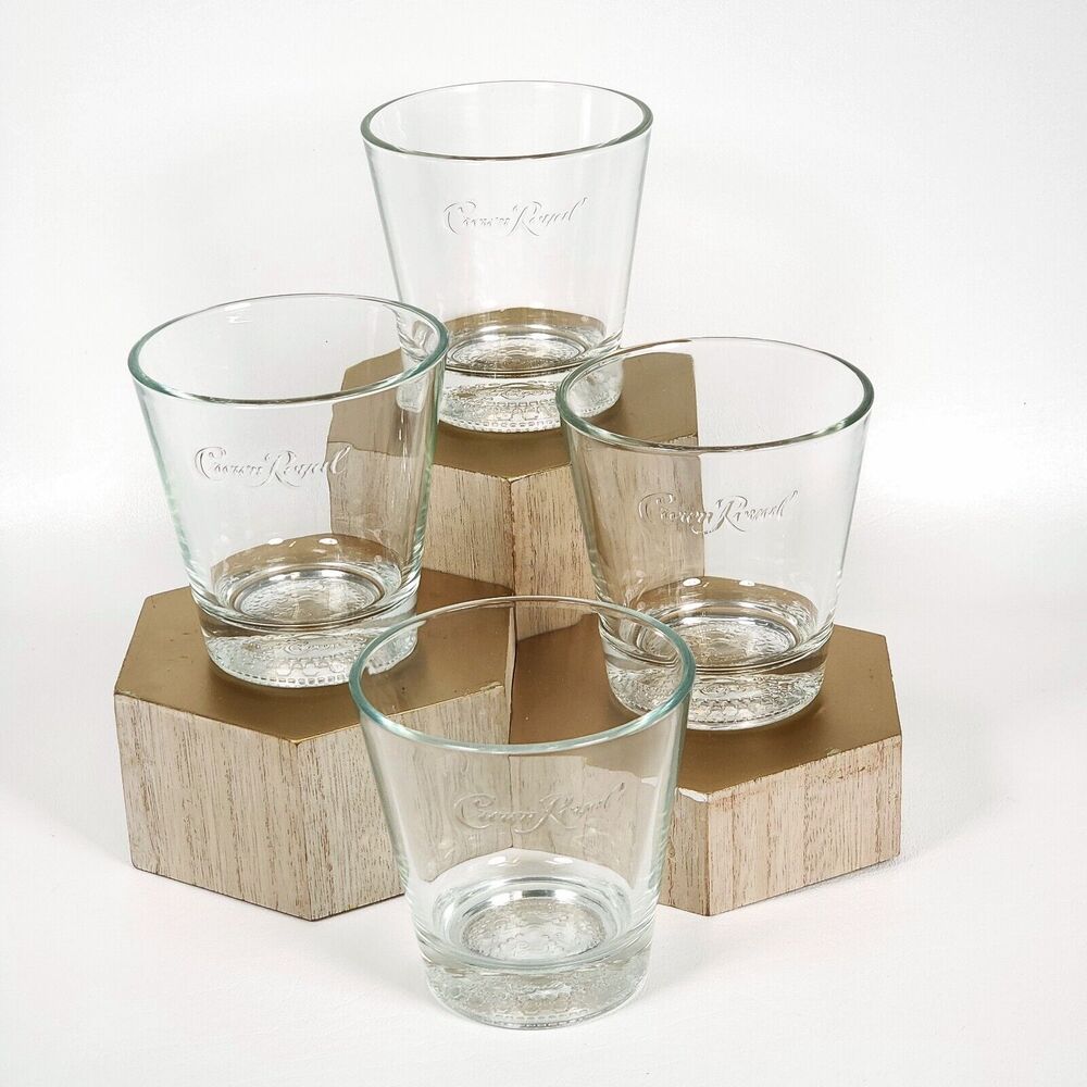 Vintage Crown Royal Etched Minimalist Logo Bottom Rocks Low Ball Whiskey Glasses